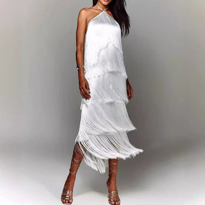 Adeline - Halterjurk met kwastjes en open rug