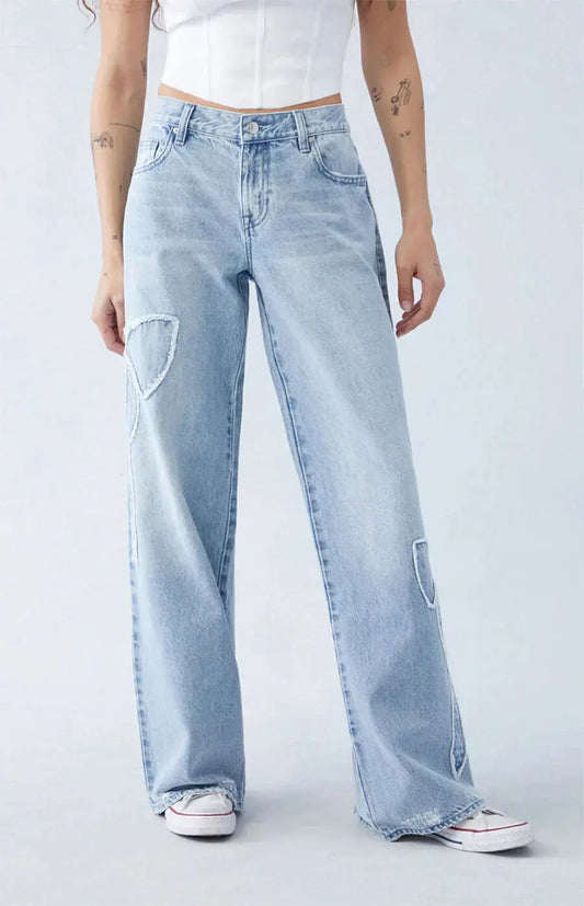 Yasmin | Rechte Snit Wijde Pijpen Denim Jeans met Patches